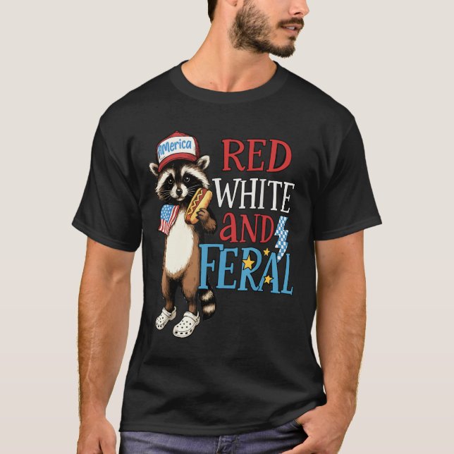 Camiseta Vermelho Branco E Guaxinim Feral 4 De Julho (Frente)