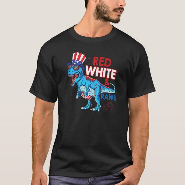 Camiseta Vermelho Branco E Rawr Rex EUA Dinossauro Patrióti (Frente)