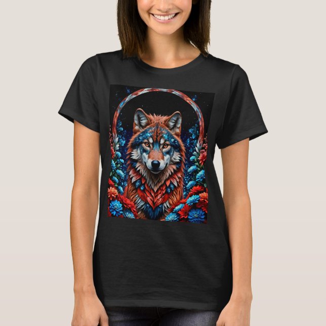 Camiseta Vermelho, Branco, Lobo Azul (Frente)