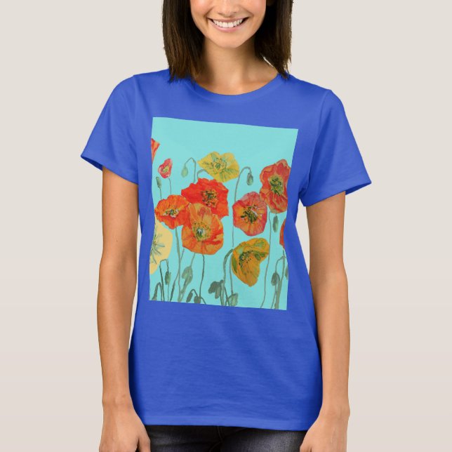 Camiseta Vermelho Laranja Papoila floral Aqua Aqua Art Flor (Frente)