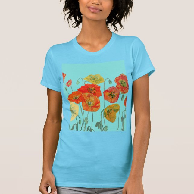 Camiseta Vermelho Laranja Papoila floral Aqua Aqua Art Flor (Frente)