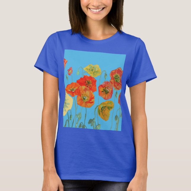 Camiseta Vermelho Laranja Papoila floral Aquarela Flor (Frente)