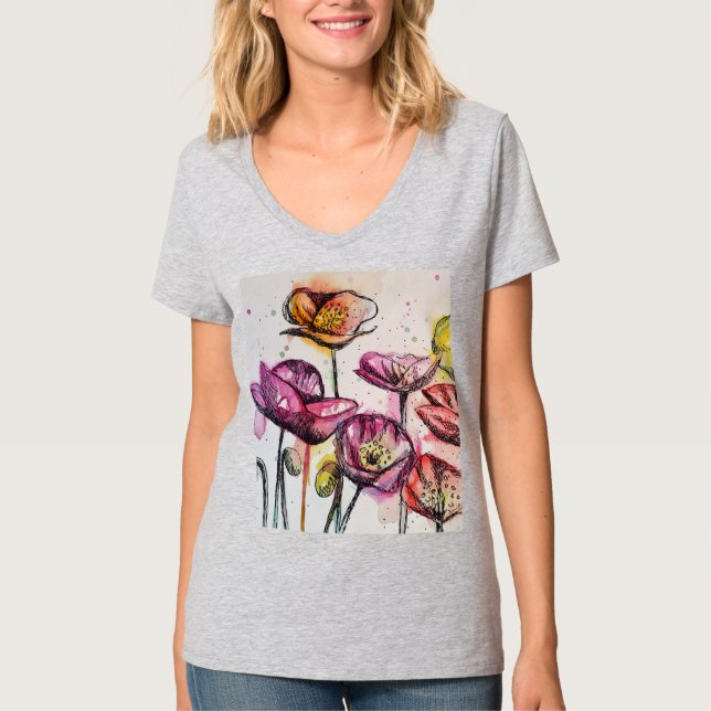 Camiseta Vermelho Púrpura Rosa Paposa Pópia floral Arte aqu (Frente)