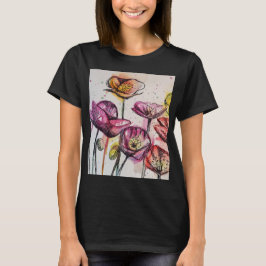 Camiseta Vermelho Púrpura Rosa Paposa Pópia floral Arte aqu