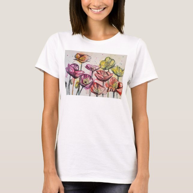Camiseta Vermelho Púrpura Rosa Paposa Pópia floral Arte aqu (Frente)