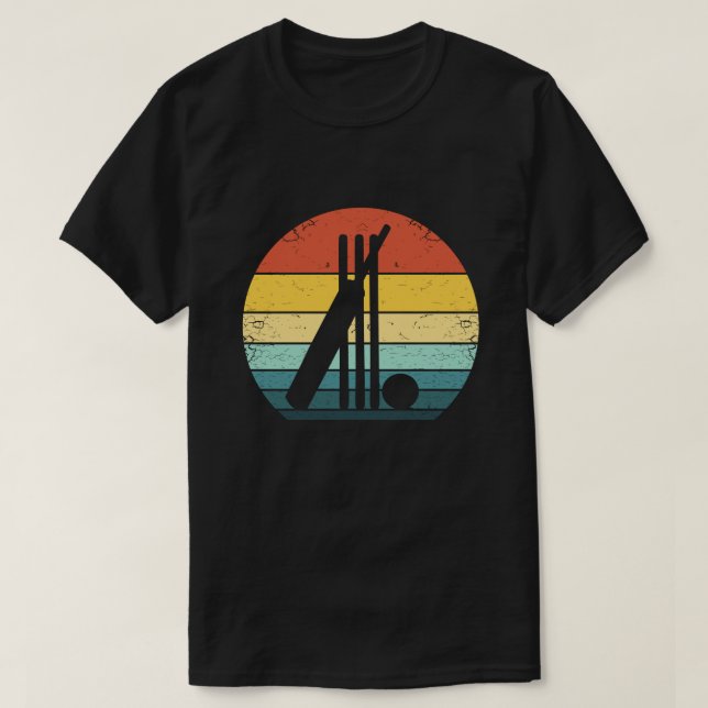 Camiseta Versão 70s - Retro de Críquete de Bat Ball Wicket  (Frente do Design)