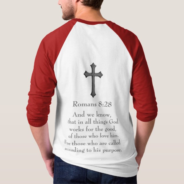 Camiseta versículo bíblico cristão Romanos 8:28 (Verso)