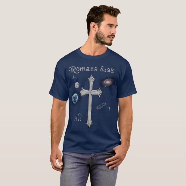 Camiseta versículo bíblico cristão Romanos 8:28 (Frente Completa)