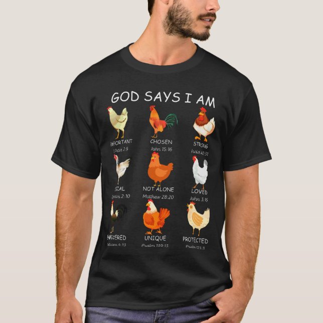 Camiseta Versículo Bíblico Galinhas Deus Diz Quem Eu Sou Fa (Frente)
