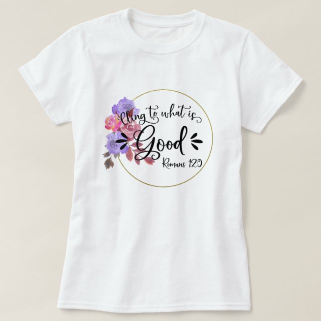 Camiseta Versos de Bíblia Inspiracional Floral - Romanos 12 (Frente do Design)