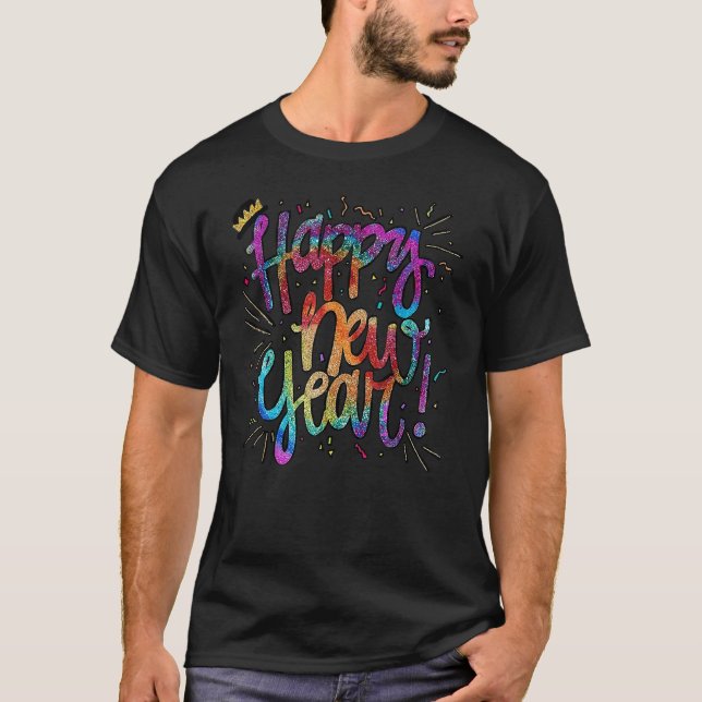Camiseta Véspera de ano novo Feliz ano novo Tinta Festiva (Frente)