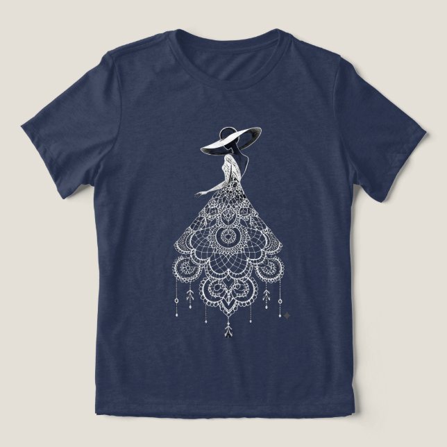 Camiseta Vestido Mandala Boho Mulher Chapéu de Aba Larga Ar (Design frontal)
