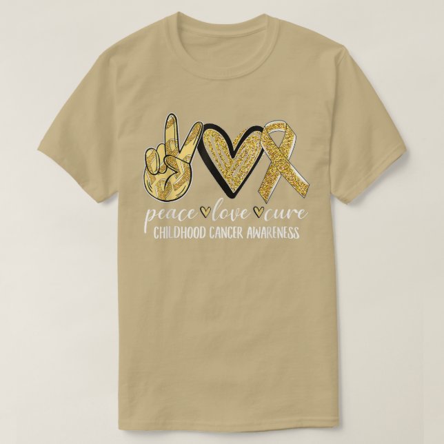 Camiseta Vestir Dourado Ribbon Peace Love Cure Cancer de in (Frente do Design)