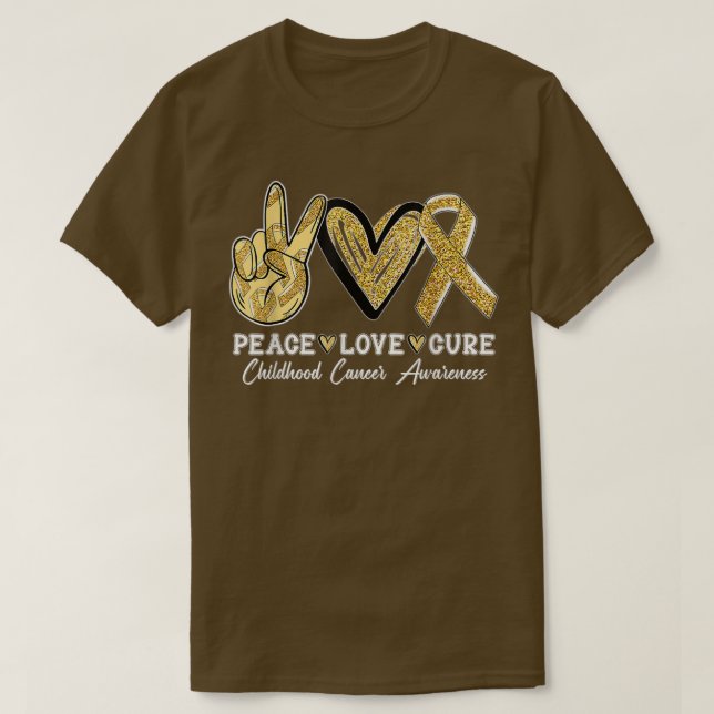 Camiseta Vestir Dourado Ribbon Peace Love Cure Cancer de in (Frente do Design)
