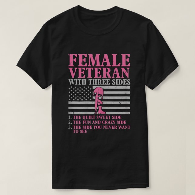 Camiseta Veterana fêmea com três lados, mulher veterana (Frente do Design)