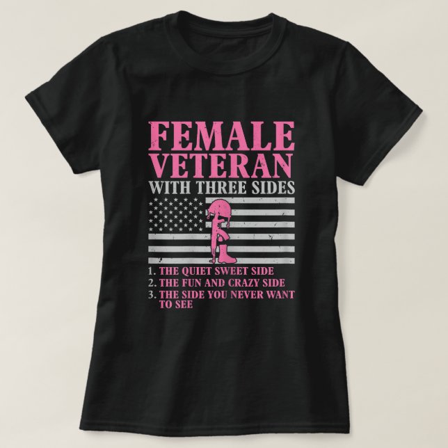 Camiseta Veterana fêmea com três lados, mulher veterana (Frente do Design)