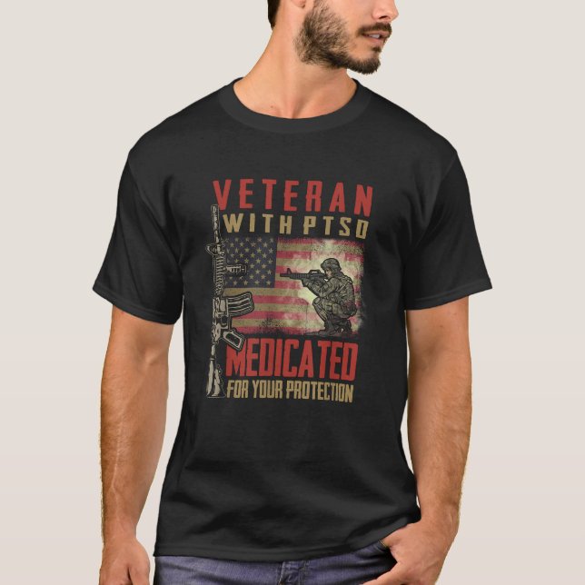 Camiseta Veterano com PTSD Medicado para a sua proteção (Frente)