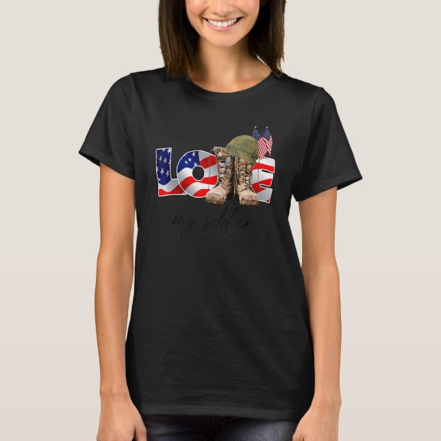 Camiseta Veterano EUA Flag Combate Boot Ama Meu Soldado (Frente)