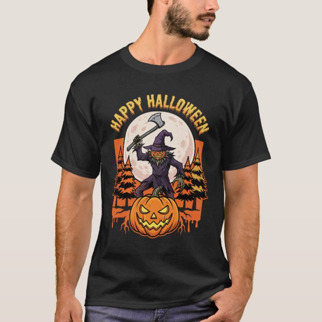 Camiseta Vetor de Espantalho de Abóbora de Halloween Feliz (Frente)