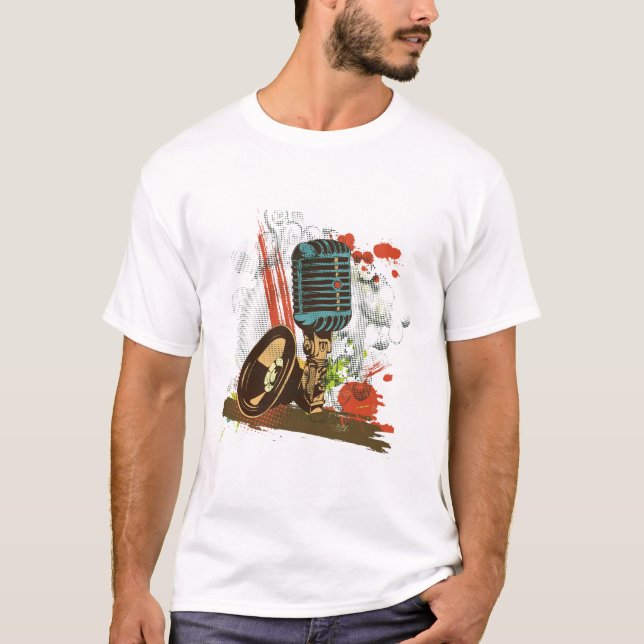 Camiseta vetor de microfone retrô grunge (Frente)