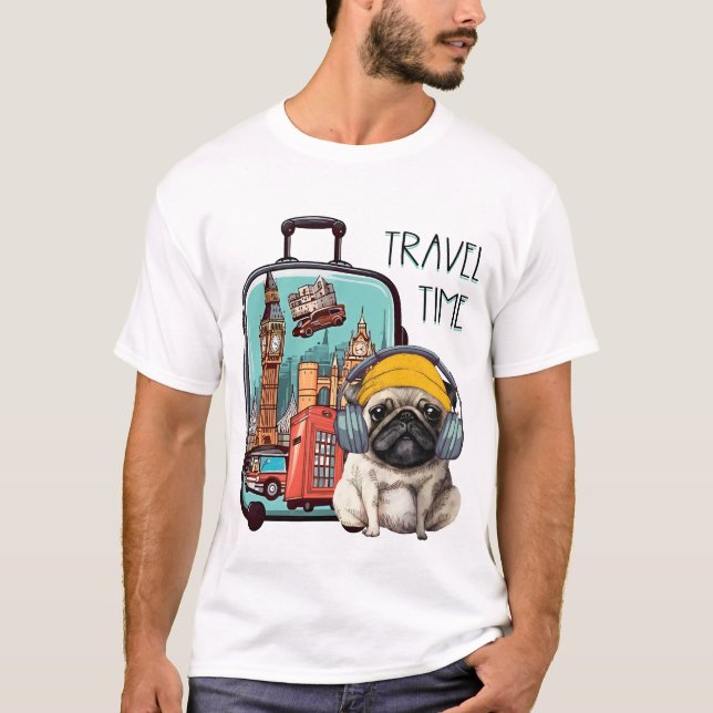 Camiseta Viagem com Na moda Pug (Frente)