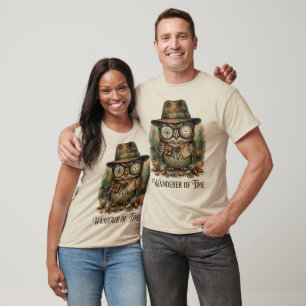 Camiseta Viajante do Tempo - Coruja Exploradora Vintage