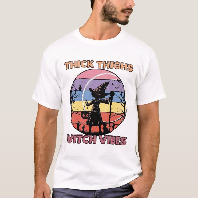 Camiseta Vibes de Bruxa de Coxas Grossas Abóbora de Hallowe (Frente)