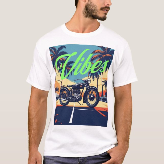 Camiseta "Vibes" - Estrada Costeira de Motocicletas Retro (Frente)