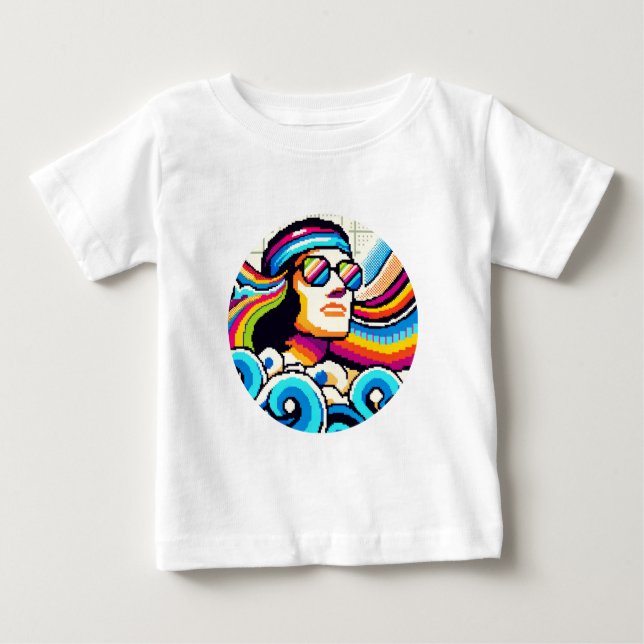 Camiseta Vibes Retroativas - Arte em Píxeis Groovy dos anos (Frente)