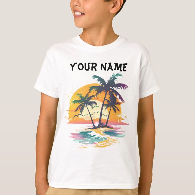 Camiseta Víblias Tropicais Sunset - Palm Trees & Beach Desi (Frente)