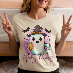 Camiseta Vibrações Assustadoras Fantasma Fofo Halloween