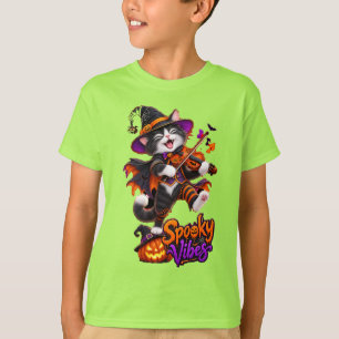 Camiseta Vibrações Assustadoras Gata Bruxa Tocando Violino