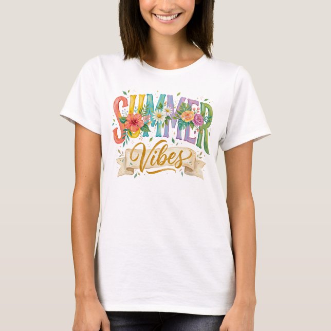 CAMISETA VIBRAÇÕES COLORIDAS DE FLORES DE VERÃO (Frente)