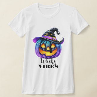 Camiseta Vibrações de Bruxa Abóbora do Dia das Bruxas Preta