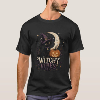 Camiseta Vibrações de Bruxa Halloween Gato Preto e Abóbora