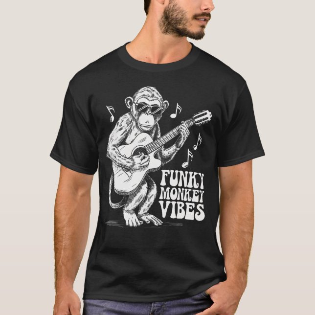 Camiseta Vibrações de Macaco Funky Design de Guitarra Para  (Frente)
