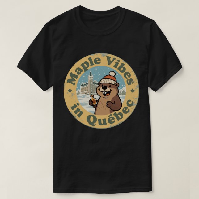 Camiseta Vibrações de Maple em Québec com um Castor Diverti (Frente do Design)