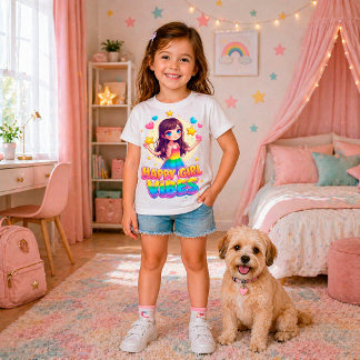 Camiseta 🌈 Vibrações de Menina Feliz Arco-íris Estilo Fofo