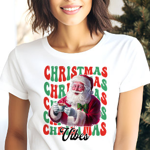 Camiseta Vibrações de Natal Papai Noel Retro Férias