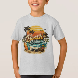 Camiseta Vibrações de Praia Vintage Retro Pôr do Sol Praia 