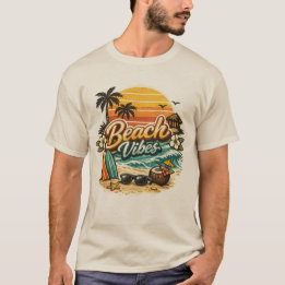 Camiseta Vibrações de Praia Vintage Retro Pôr do Sol Praia