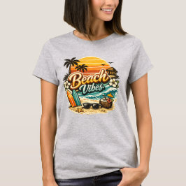 Camiseta Vibrações de Praia Vintage Retro Pôr do Sol Praia 