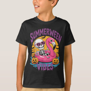 Camiseta Vibrações de Summerween Esqueleto Flamingo Assusta