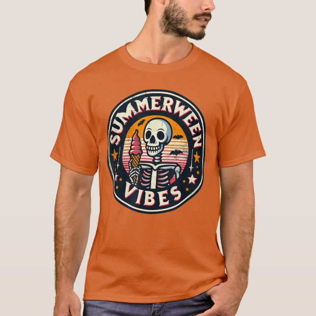 Camiseta Vibrações de Summerween Esqueleto Sorvete Férias d (Frente)