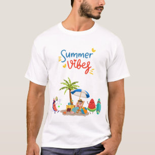 Camiseta Vibrações de Verão: Ilustração de Festa na Praia c