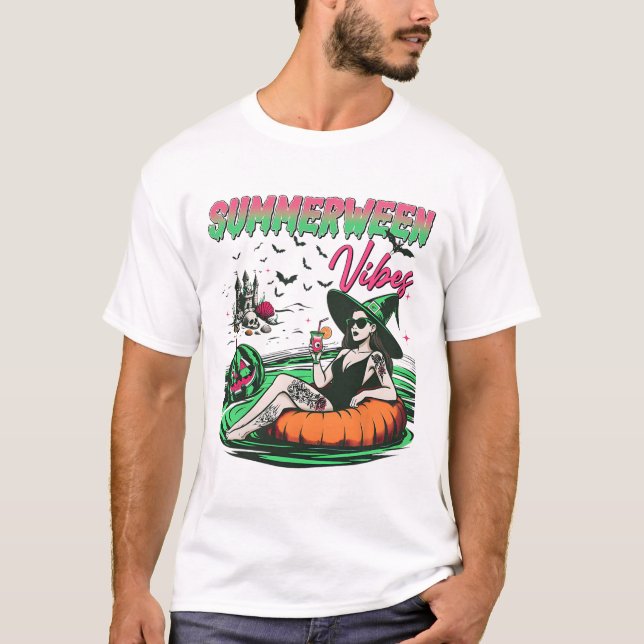 Camiseta Vibrações Divertidas de Summerween Abóbora Espeluz (Frente)