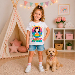 Camiseta 🌈 Vibrações Felizes Arco-íris Desenho Fofo de Gar
