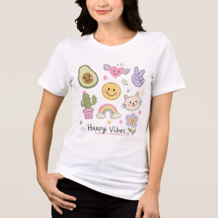 Camiseta Vibrações Felizes Kawaii Doodle