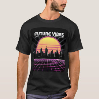 Camiseta Vibrações Futuras Synthwave Pôr do Sol Grid Retro 