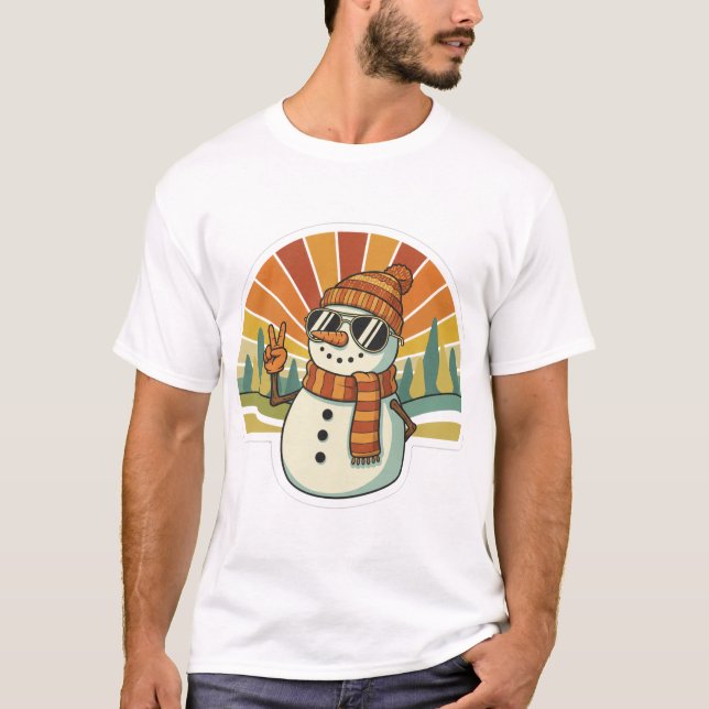 Camiseta Vibrações Retrô de Natal do Boneco de Neve (Frente)